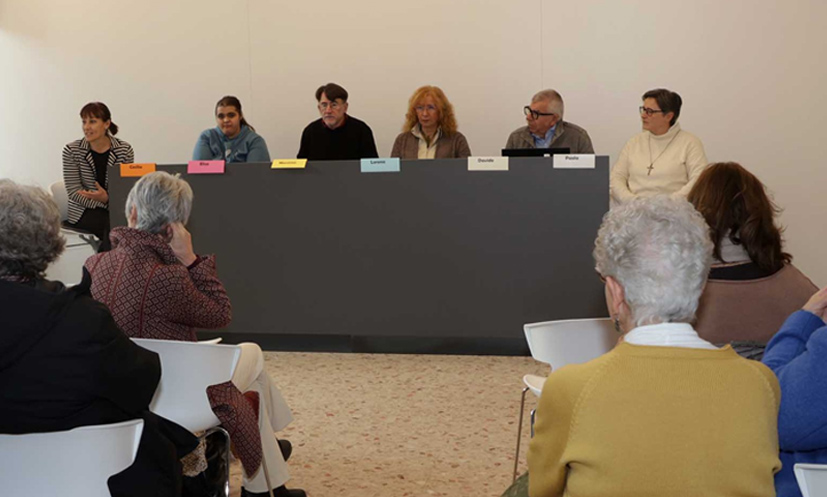 I sei relatori/testimoni della tavola rotonda, seconda delle iniziative promosse dalla Caritas di Treviso per la Giornata mondiale dei Poveri